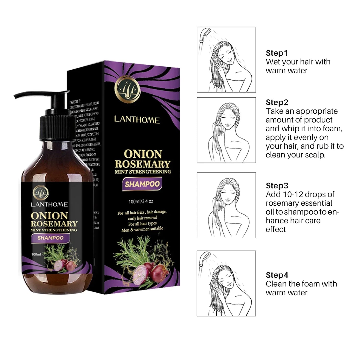 Rosemary Onion Strengthening Shampoo for Hair Growth Repair Damaged Anti Loss Hair Care Shampoo Professional for Men and Women
