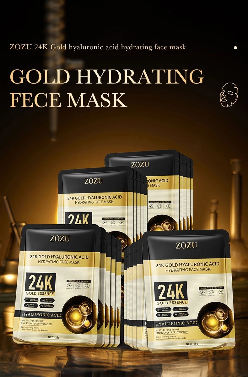10pcs 24K Golden Hyaluronic Acid Face Mask Facial skincare Firming Moisturizing Hydrating Facial Masks Skin Care Products