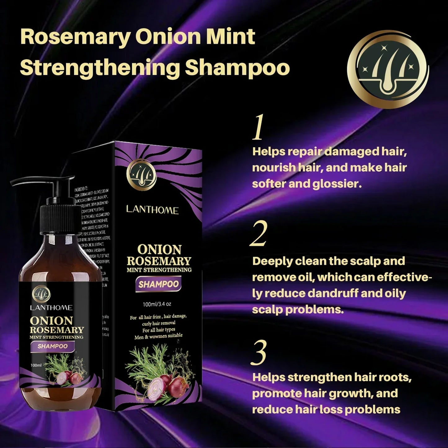 Rosemary Onion Strengthening Shampoo for Hair Growth Repair Damaged Anti Loss Hair Care Shampoo Professional for Men and Women