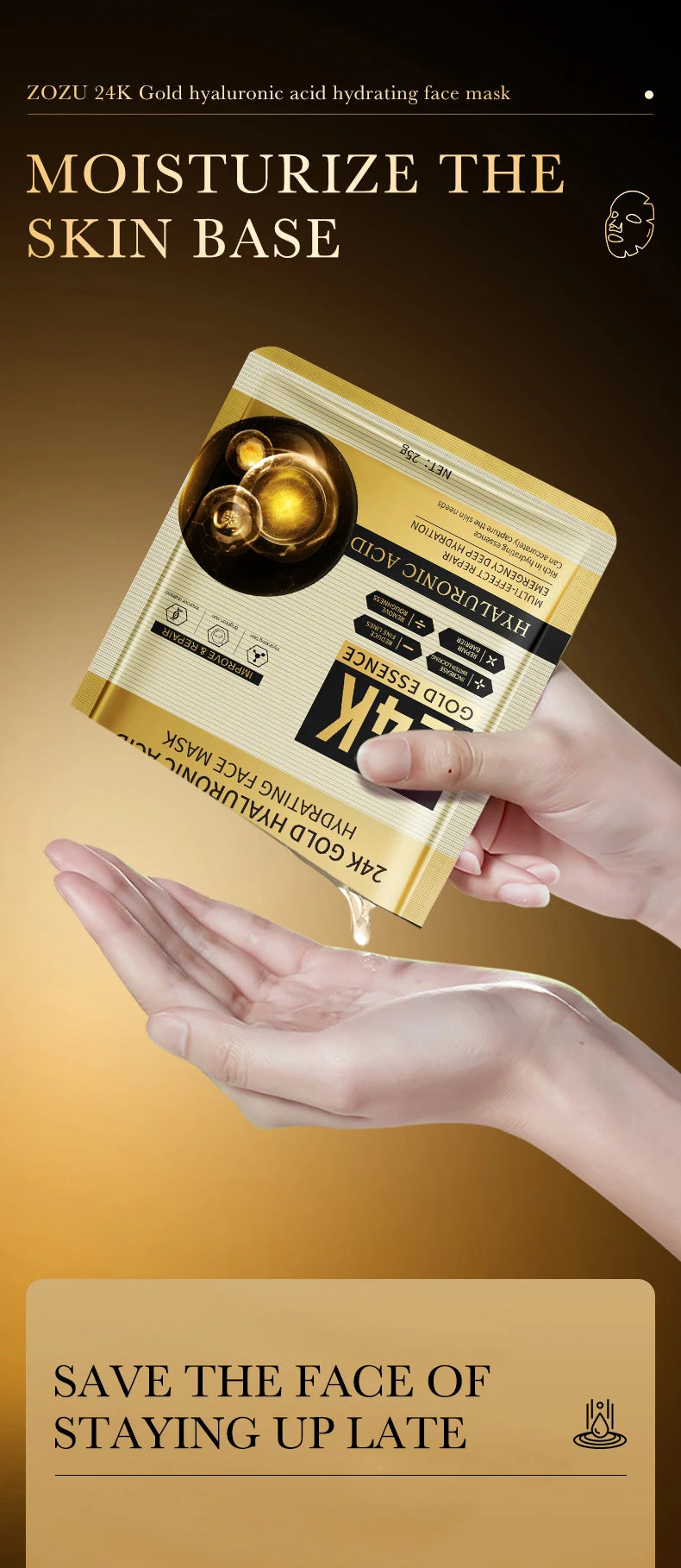 10pcs 24K Golden Hyaluronic Acid Face Mask Facial skincare Firming Moisturizing Hydrating Facial Masks Skin Care Products