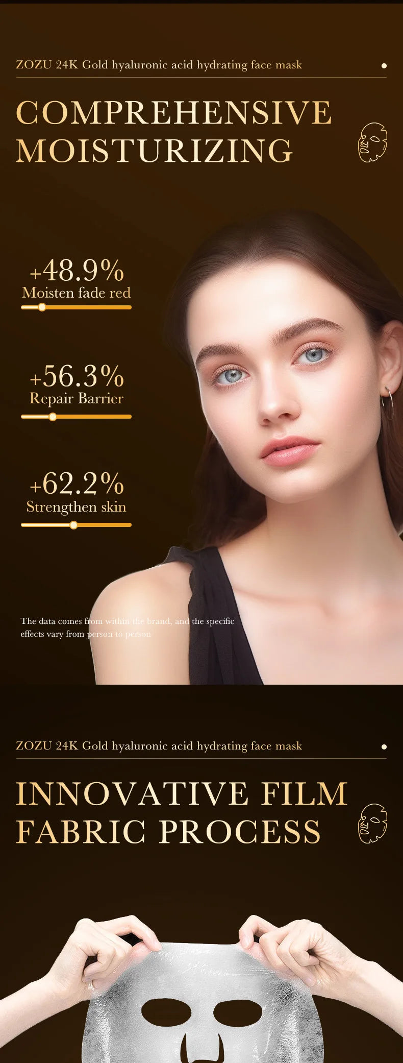 10pcs 24K Golden Hyaluronic Acid Face Mask Facial skincare Firming Moisturizing Hydrating Facial Masks Skin Care Products