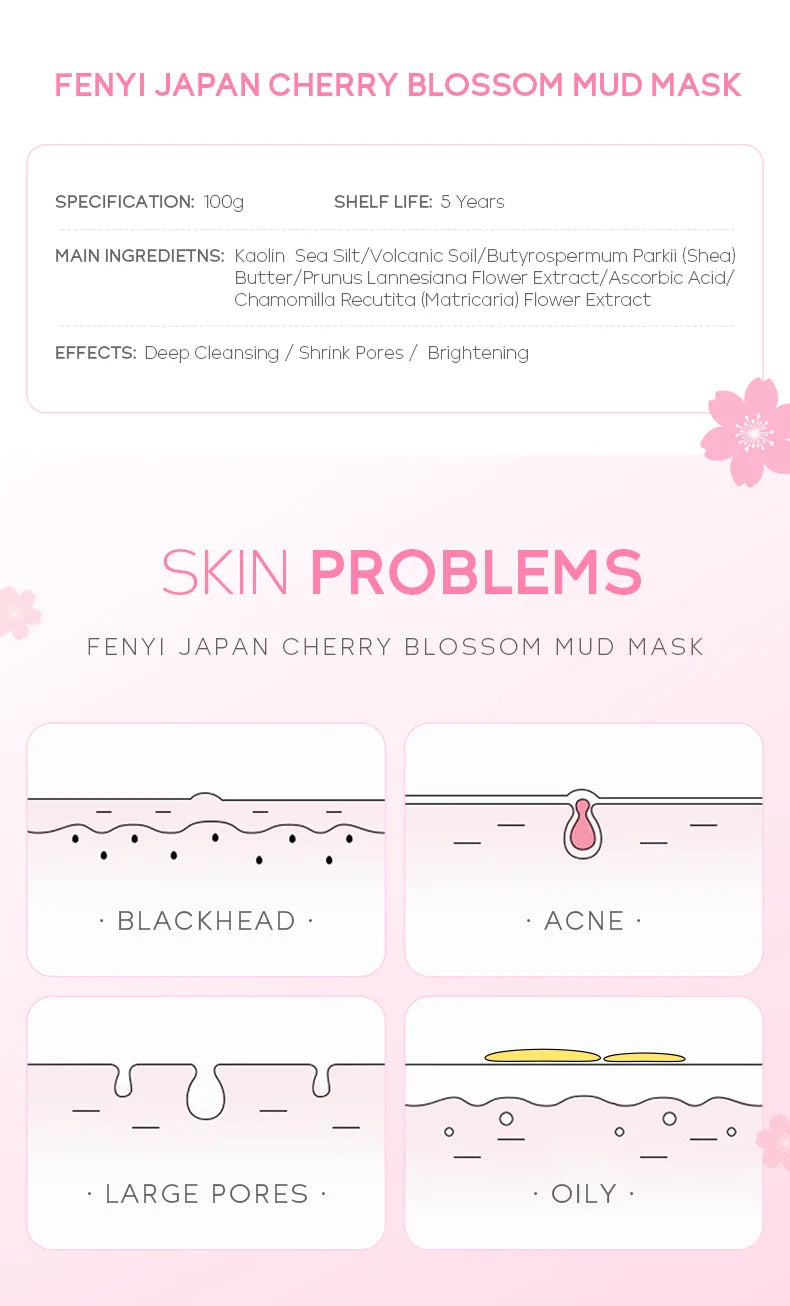 100g Japan Sakura Mud Face Mask Night Facial Packs Skin Clean Blackhead Pores Smearing Mud Mask Oil-Control Smoothing Skin Care